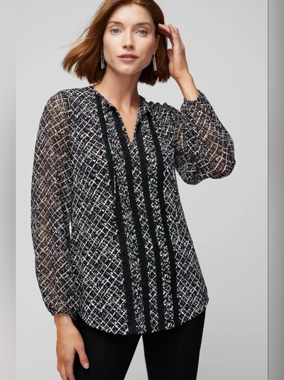 WHBM‎ Geometric Lace Detail Pleated Jersey Blouse Boho Office Preppy Artsy